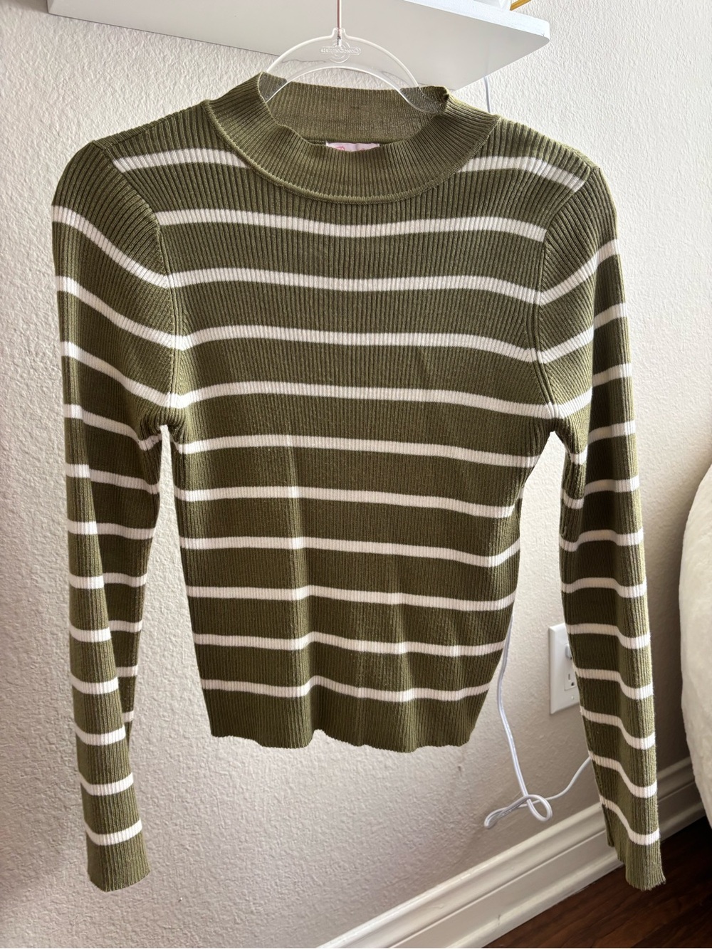 Pink Lily Olive Green & White Striped Ribbed Top